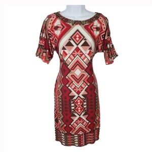 Chico's Size 1 Aztec Print Cold Shoulder Short Sleeved Beaded Midi Dress